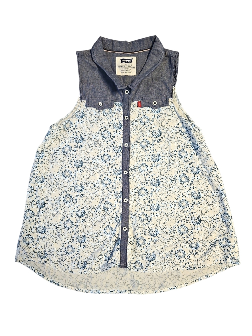 Levi's Girls' Blue White Floral Yoke Sleeveless Top Size Large 12-13 Years